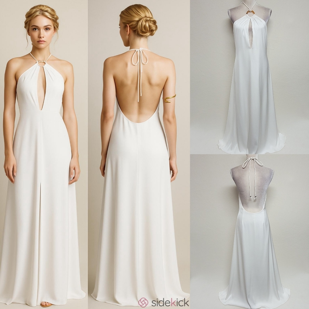 Cocolillys White Crepe Leopard Print Ringlet Keyhole Halter Maxi Trapeze Dress S